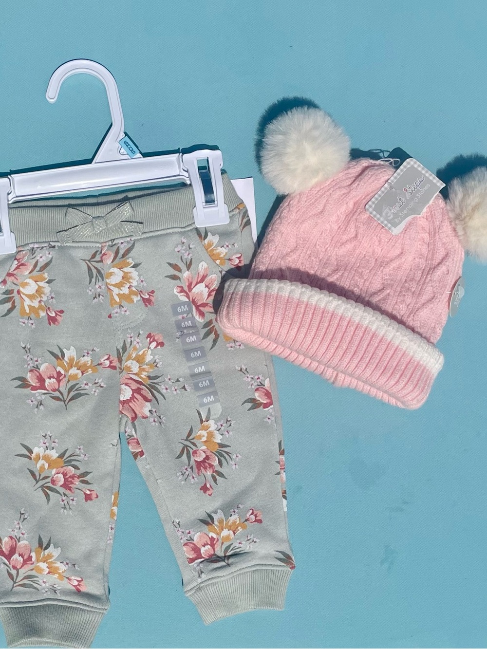 Baby Pink Pom Pom Beanie & Floral Leggings Set -Oshkosh pants